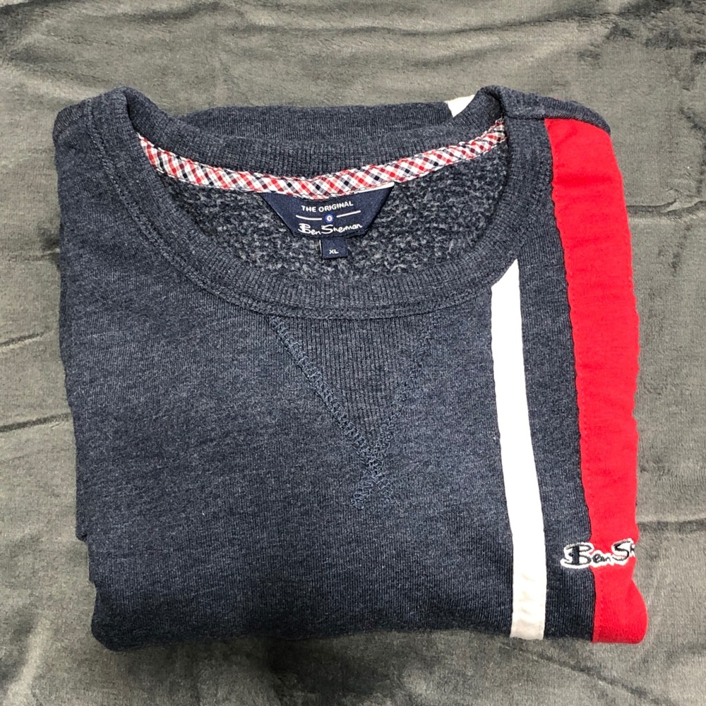 Ben Sherman Mens XL Navy Blue Racing Stripe Crew‎ Neck Sweatshirt Fleece Logo